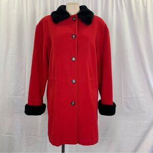 Vintage Red Wool Coat with Black Faux Fur Trim